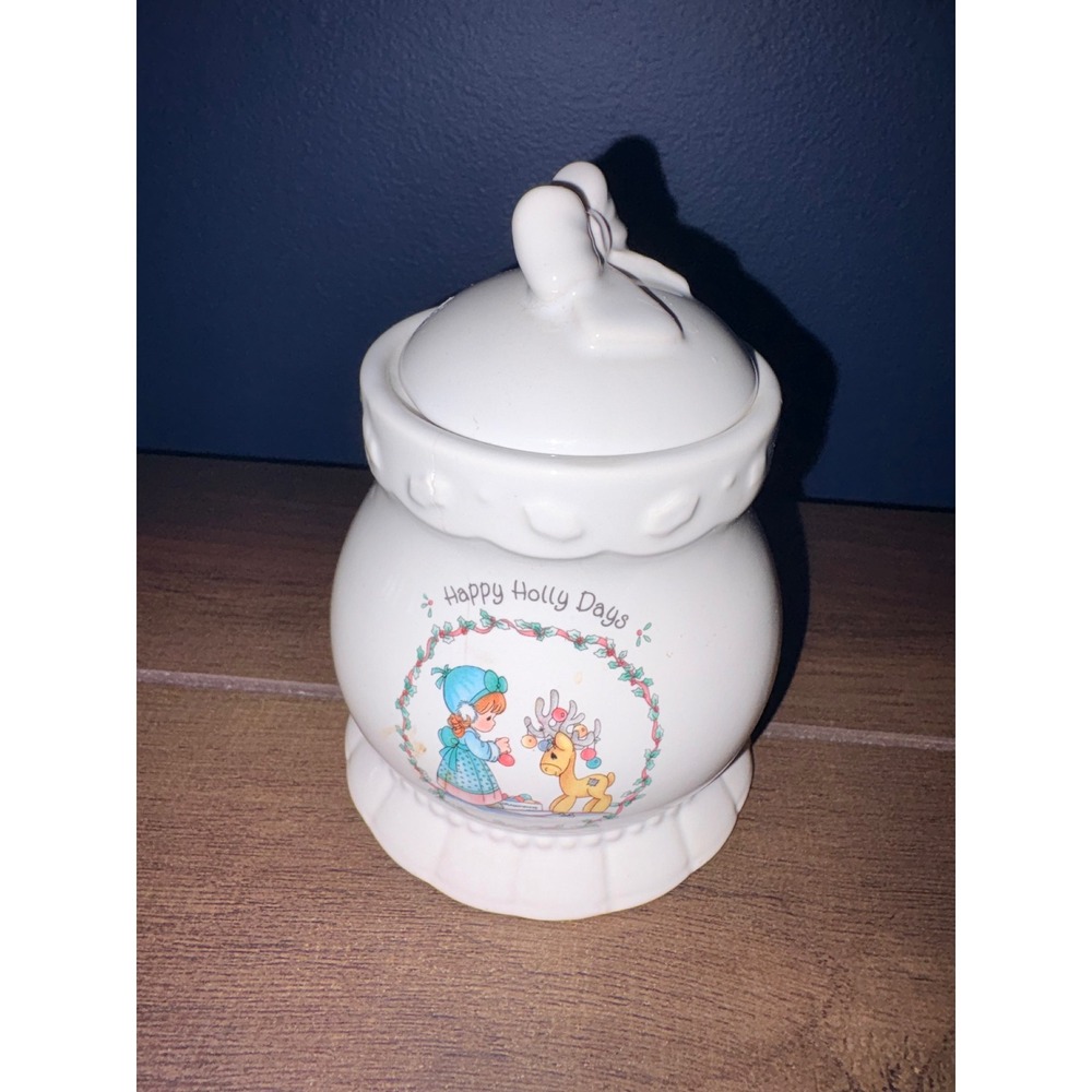 Precious Moments 1994 Happy Holly Days Ceramic Jar Bow‎ Lid Enesco Christmas